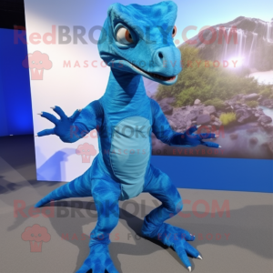 Blue Coelophysis mascot costume character dressed with a Playsuit and Hair clips