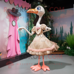 Beige Flamingo mascot costume character dressed with a Dress and Suspenders