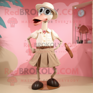 Beige Flamingo mascot costume character dressed with a Dress and Suspenders