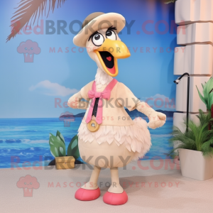 Beige Flamingo mascot costume character dressed with a Dress and Suspenders