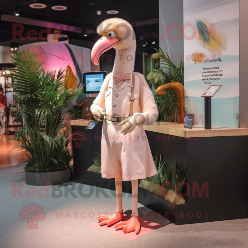 Beige Flamingo mascot costume character dressed with a Dress and Suspenders Beige Flamingo mascot costume character dressed with a Dress and Suspenders