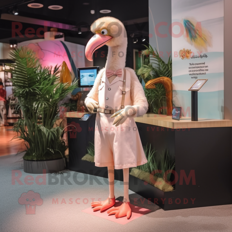 Beige Flamingo mascot costume character dressed with a Dress and Suspenders