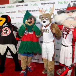 4 mascots a bird a tree a reindeer and an old man -