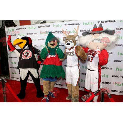 4 mascots a bird a tree a reindeer and an old man -