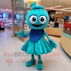 Turquoise But mascot costume character dressed with a Skirt and Keychains