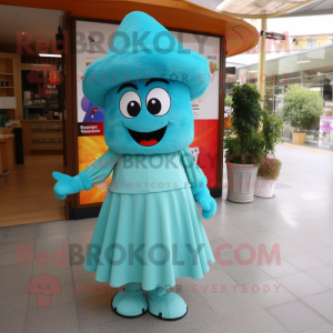 Turquoise But mascot costume character dressed with a Skirt and Keychains