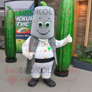 Gray Zucchini mascot costume character dressed with a Jacket and Belts