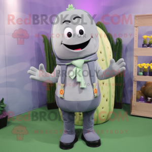 Gray Zucchini mascot costume character dressed with a Jacket and Belts