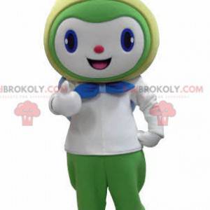 Mascote do boneco de neve branco, verde e amarelo sorridente -