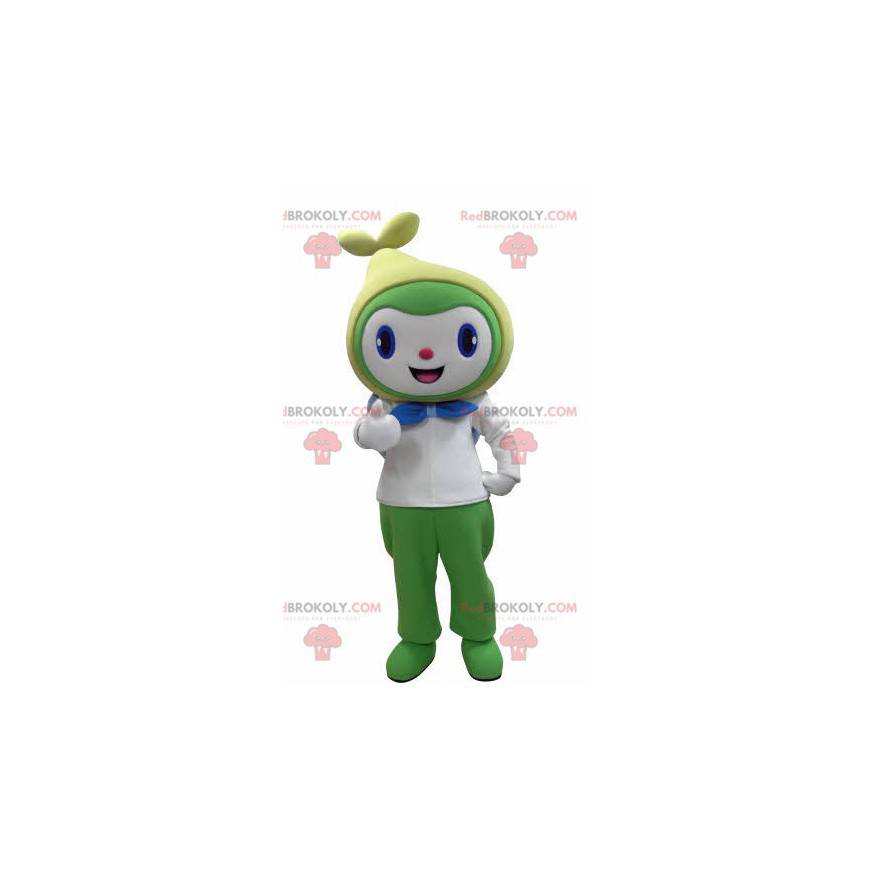 Mascotte de bonhomme souriant blanc vert et jaune -