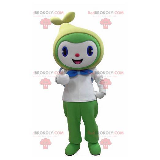 Mascota de muñeco de nieve sonriente blanco verde y amarillo -