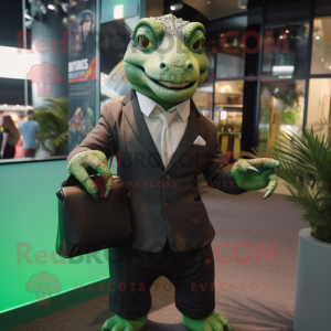 Forest Green Komodo Dragon mascot costume character dressed with a Suit Jacket and Tote bags