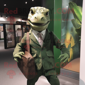 Forest Green Komodo Dragon mascot costume character dressed with a Suit Jacket and Tote bags