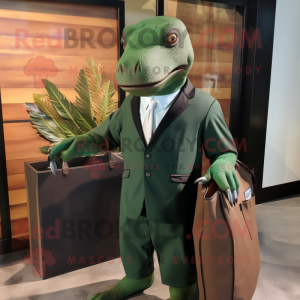Forest Green Komodo Dragon mascot costume character dressed with a Suit Jacket and Tote bags