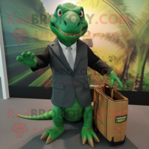 Forest Green Komodo Dragon mascot costume character dressed with a Suit Jacket and Tote bags