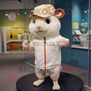 Cream Hamster mascot costume character dressed with a Running Shorts and Hat pins