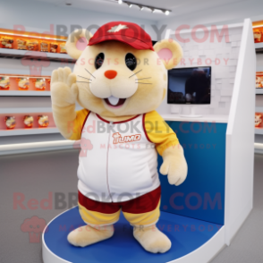 Cream Hamster mascot costume character dressed with a Running Shorts and Hat pins