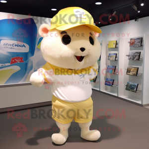 Cream Hamster mascot costume character dressed with a Running Shorts and Hat pins