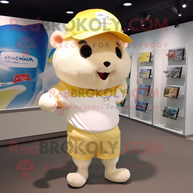 Cream Hamster mascot costume character dressed with a Running Shorts and Hat pins