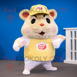 Cream Hamster mascot costume character dressed with a Running Shorts and Hat pins