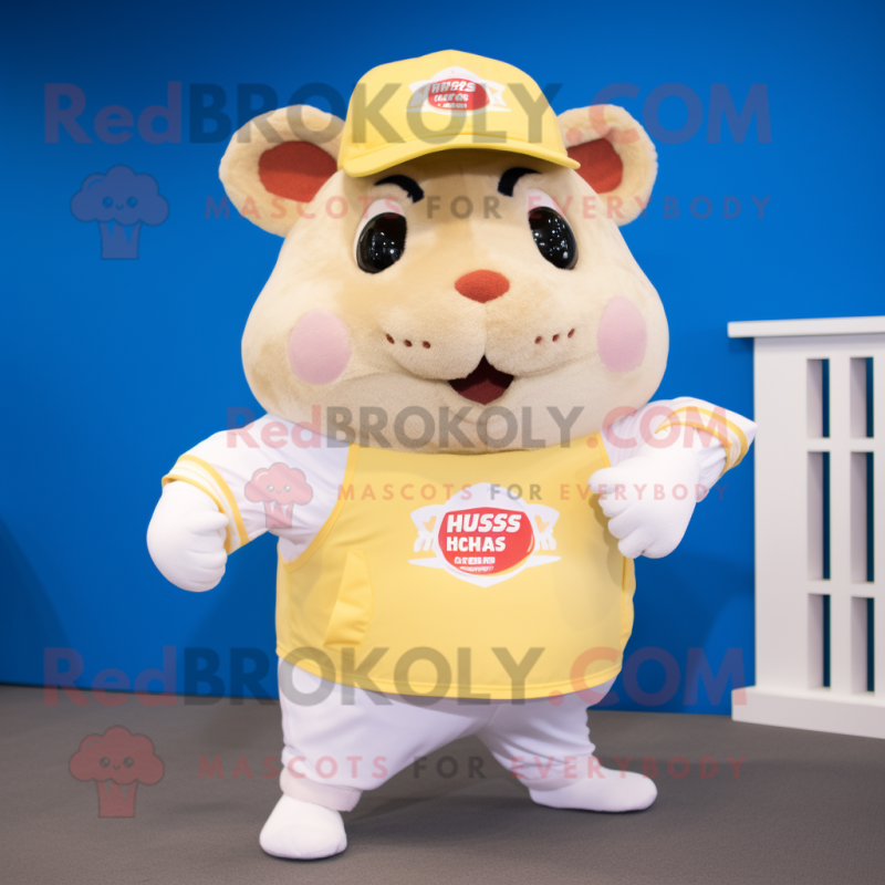 Cream Hamster mascot costume character dressed with a Running Shorts and Hat pins