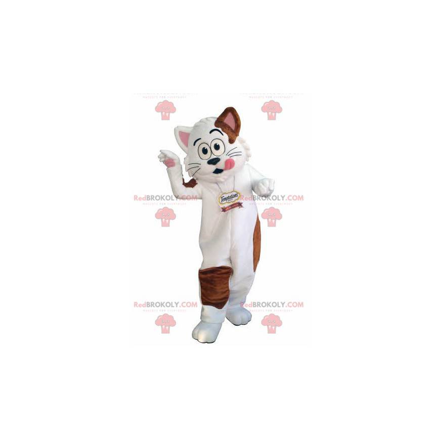 Weißes und braunes Katzenmaskottchen. Gourmet-Maskottchen -
