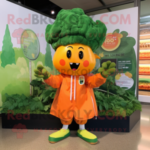 Orange Broccoli mascot costume character dressed with a Raincoat and Headbands