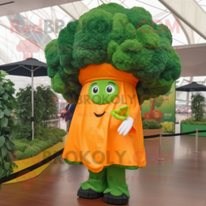 Orange Broccoli mascot costume character dressed with a Raincoat and Headbands