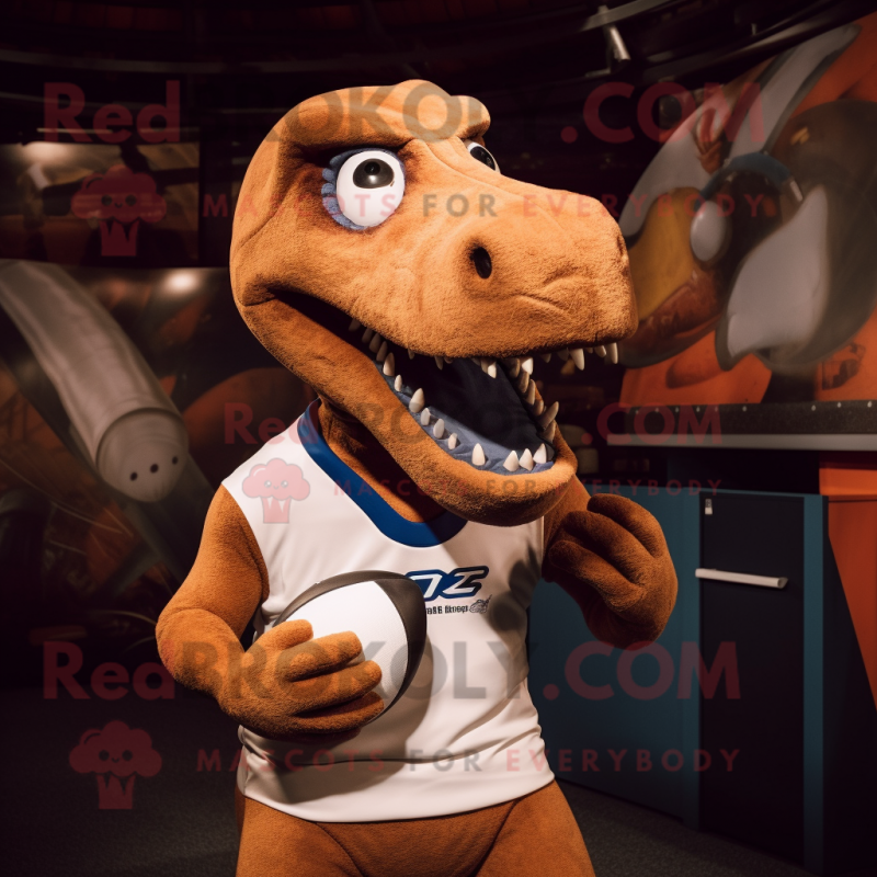 Rust Diplodocus mascot costume character dressed with a Rugby Shirt and Mittens Rust Diplodocus mascot costume character dressed with a Rugby Shirt and Mittens