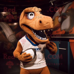 Rust Diplodocus mascot costume character dressed with a Rugby Shirt and Mittens