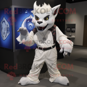 White Gargoyle mascot costume character dressed with a Boyfriend Jeans and Lapel pins