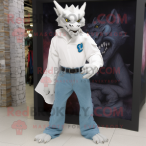 White Gargoyle mascot costume character dressed with a Boyfriend Jeans and Lapel pins