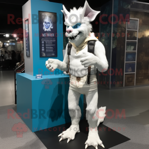 White Gargoyle mascot costume character dressed with a Boyfriend Jeans and Lapel pins