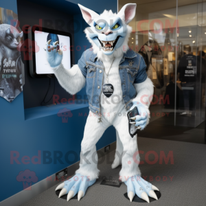 White Gargoyle mascot costume character dressed with a Boyfriend Jeans and Lapel pins