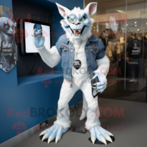 White Gargoyle mascot costume character dressed with a Boyfriend Jeans and Lapel pins