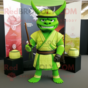 Lime Green Samurai mascot costume character dressed with a Henley Tee and Tote bags