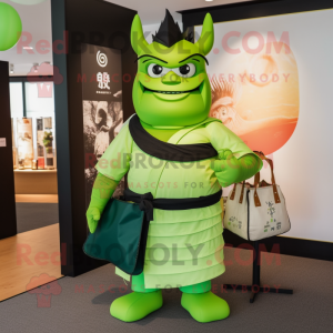 Lime Green Samurai mascot costume character dressed with a Henley Tee and Tote bags