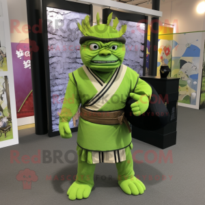 Lime Green Samurai mascot costume character dressed with a Henley Tee and Tote bags