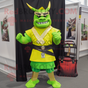Lime Green Samurai mascot costume character dressed with a Henley Tee and Tote bags