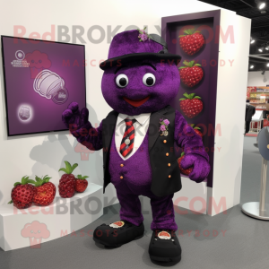 Purple Raspberry mascot costume character dressed with a Suit and Brooches