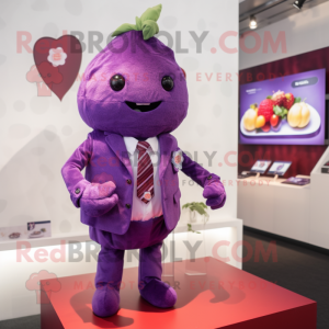 Purple Raspberry mascot costume character dressed with a Suit and Brooches