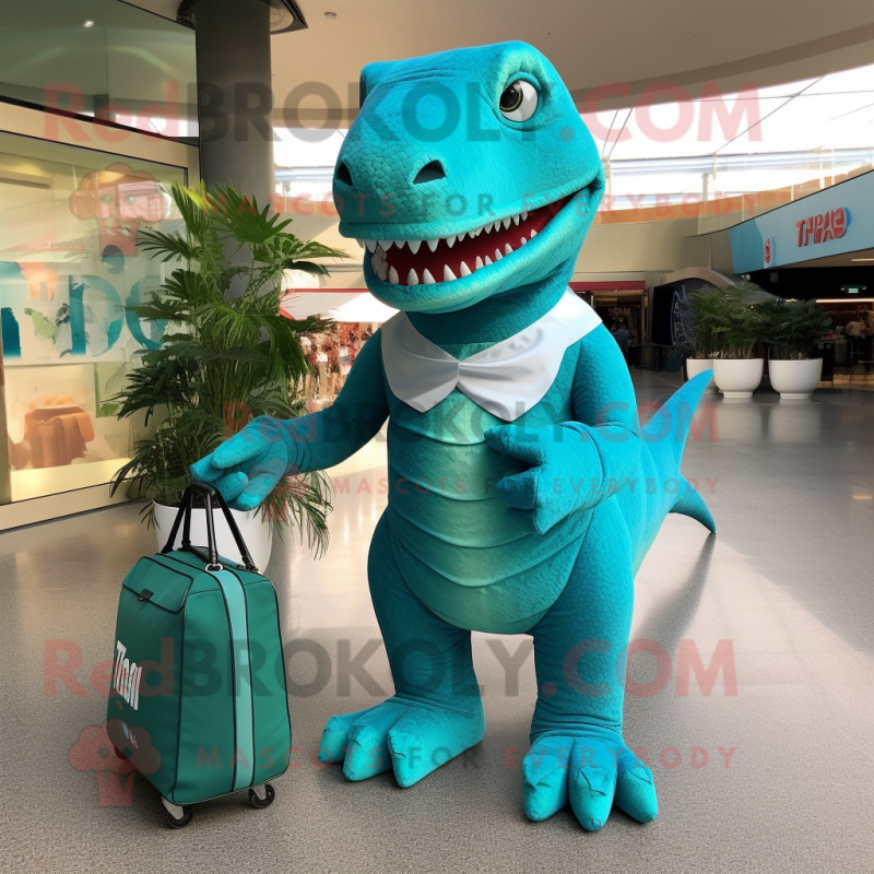 Turquoise Tyrannosaurus mascot costume character dressed with a Rash Guard and Clutch bags