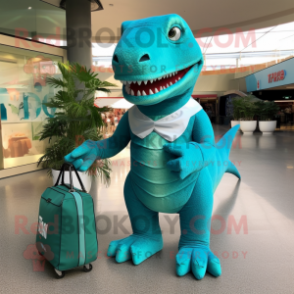 Turquoise Tyrannosaurus mascot costume character dressed with a Rash Guard and Clutch bags