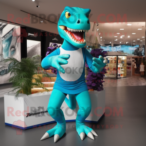 Turquoise Tyrannosaurus mascot costume character dressed with a Rash Guard and Clutch bags
