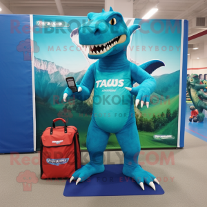 Turquoise Tyrannosaurus mascot costume character dressed with a Rash Guard and Clutch bags