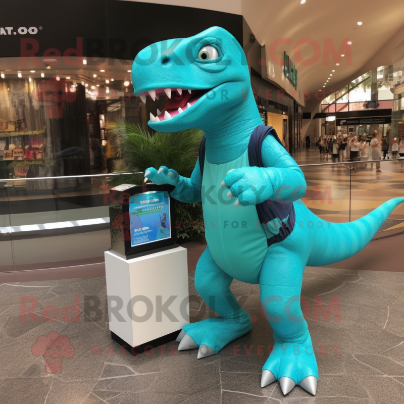 Turquoise Tyrannosaurus mascot costume character dressed with a Rash Guard and Clutch bags