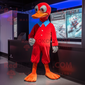 Red Geese mascot costume character dressed with a Capri Pants and Gloves