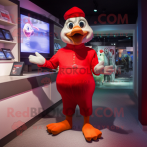 Red Geese mascot costume character dressed with a Capri Pants and Gloves