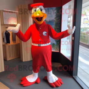 Red Geese mascot costume character dressed with a Capri Pants and Gloves