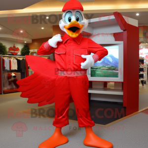 Red Geese mascot costume character dressed with a Capri Pants and Gloves